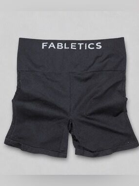 Fabletics High-Waist Black Biker Shorts with Spell-out